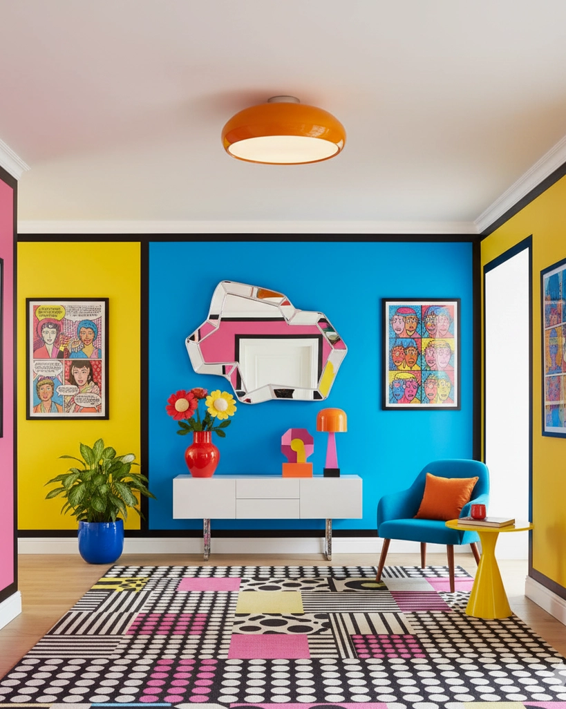 Modern orange flush mount ceiling light in vibrant pop art interior with green velvet sofa and comic wall decor