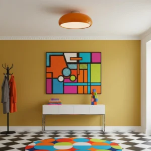 Orange flush mount ceiling light fixture installed in residential entryway, downward overhead view showing pop art interior design