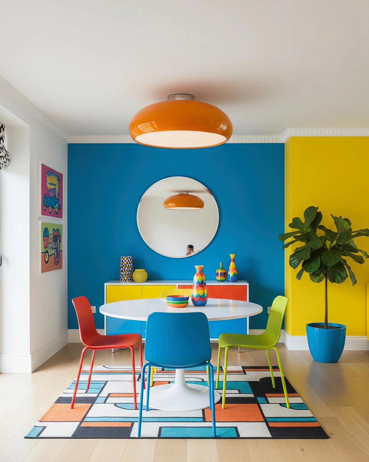 Orange Clementine ceiling light fixture creating warm atmospheric lighting in contemporary mid-century modern bedroom