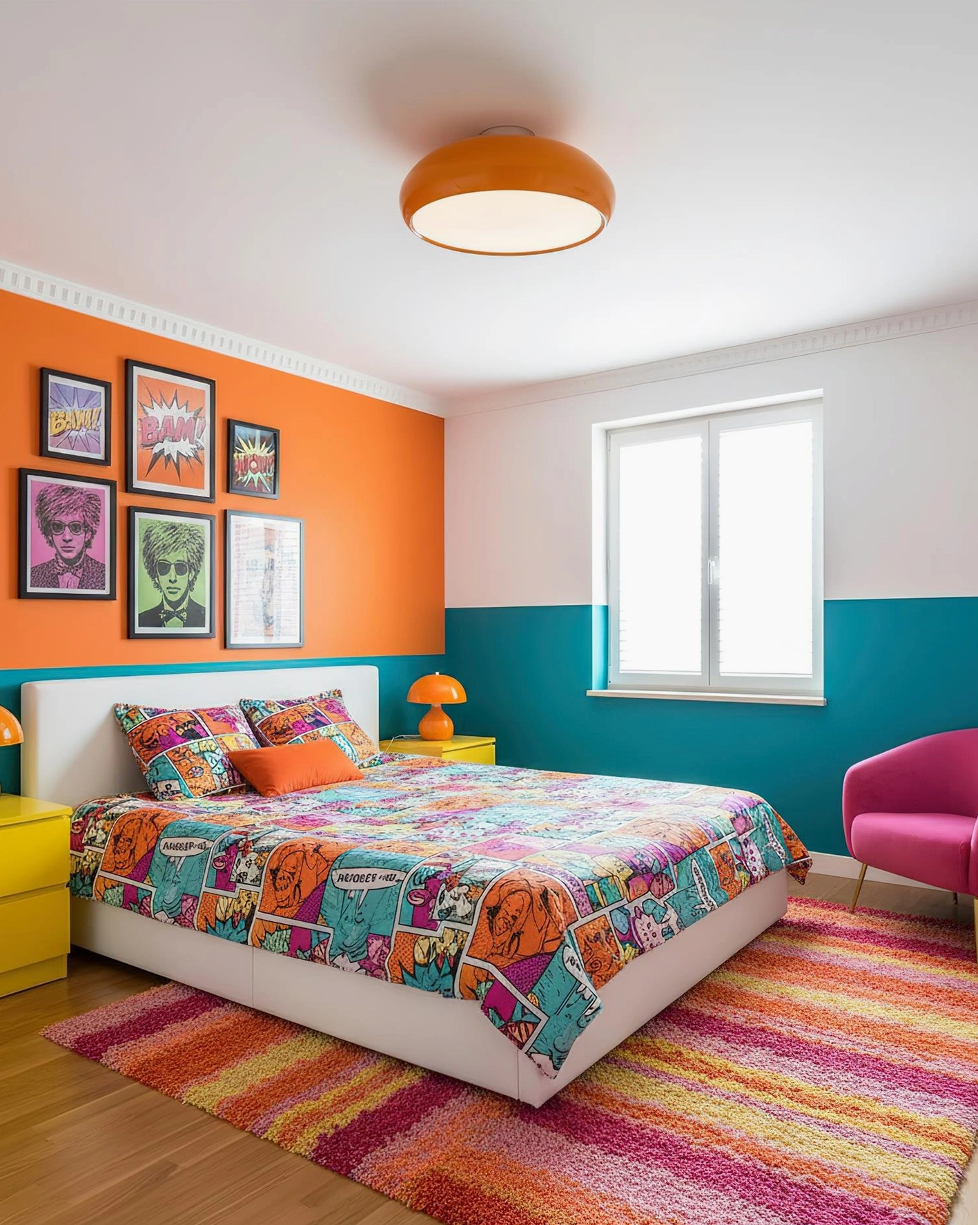 Orange Clementine modern flush mount ceiling light with chrome base in Scandinavian minimalist interior design
