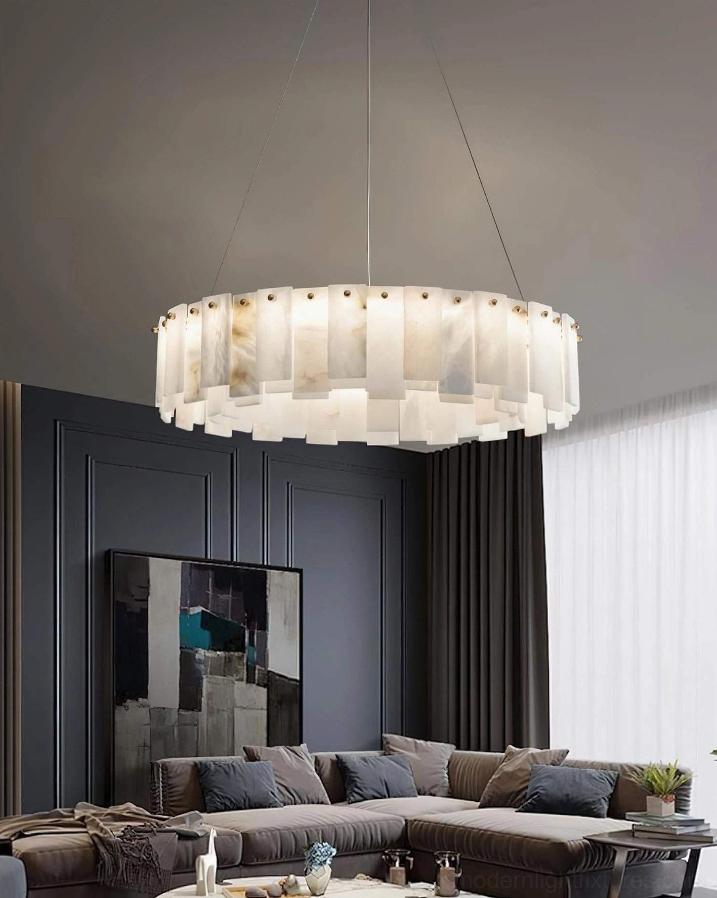 Close-up view of alabaster chandelier's natural stone construction, translucent white alabaster rings with organic veining, modern luxury pendant lighting detail
