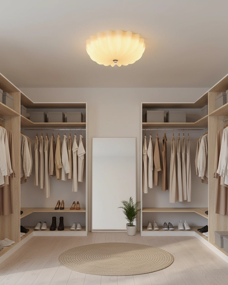 Modern shell ceiling fixture installed in organized walk-in closet, flush mount design providing bright functional lighting