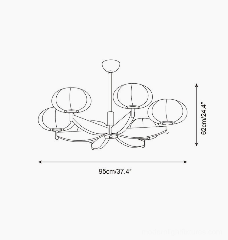 6-head pumpkin glass chandelier technical schematic and dimension drawing - diameter 95cm (37.4 inches), height 62cm (24.4 inches)