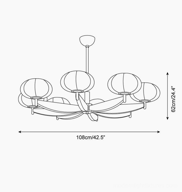 8-head pumpkin glass chandelier technical schematic and dimension drawing - diameter 108cm (42.5 inches), height 62cm (24.4 inches)