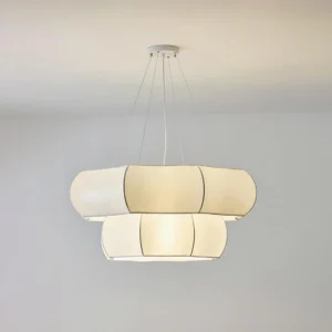 Cloud Drift modern pendant chandelier hanging from ceiling in residential space with warm illumination and contemporary interior design