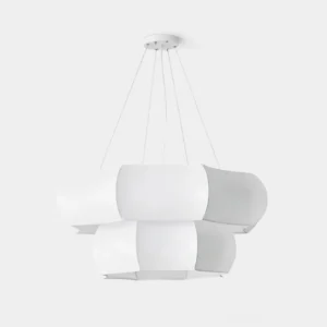 Cloud Drift pendant chandelier front studio view showing white fabric multi-tier sculptural design and circular shape