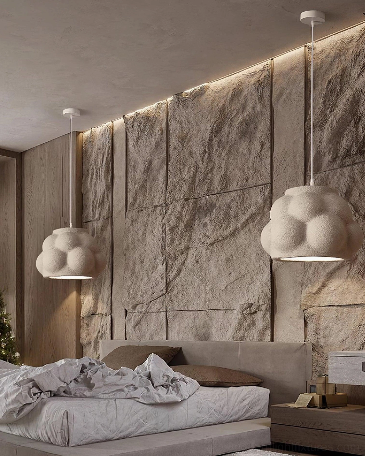 Contemporary cloud pendant lamp installation showcasing adjustable cord length versatility