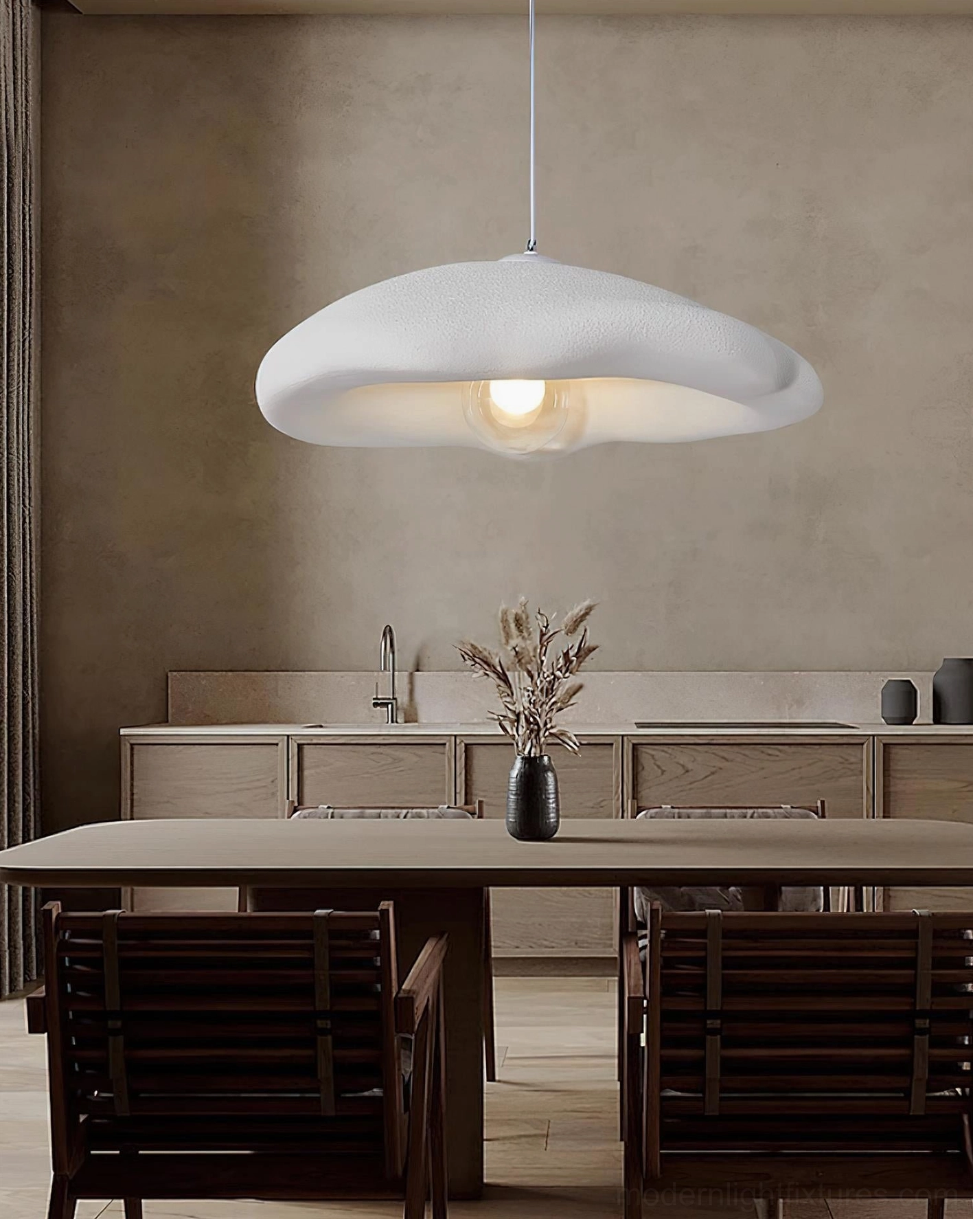 Matte textured cloud pendant light - minimalist dining room with organic sculptural form