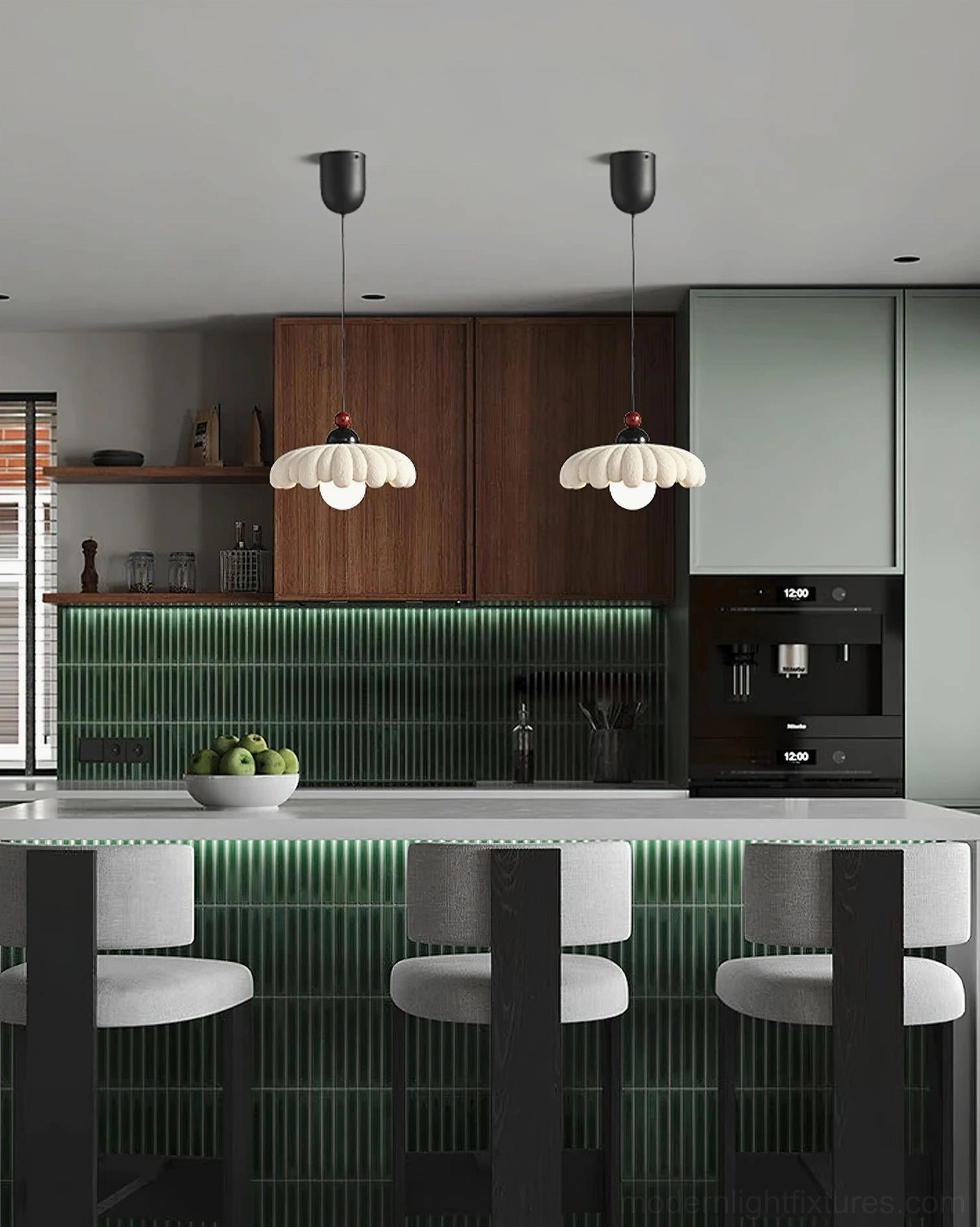 Modern kitchen pendant lighting installation, two matching cloudet lamps above bar counter, interior design showcase
