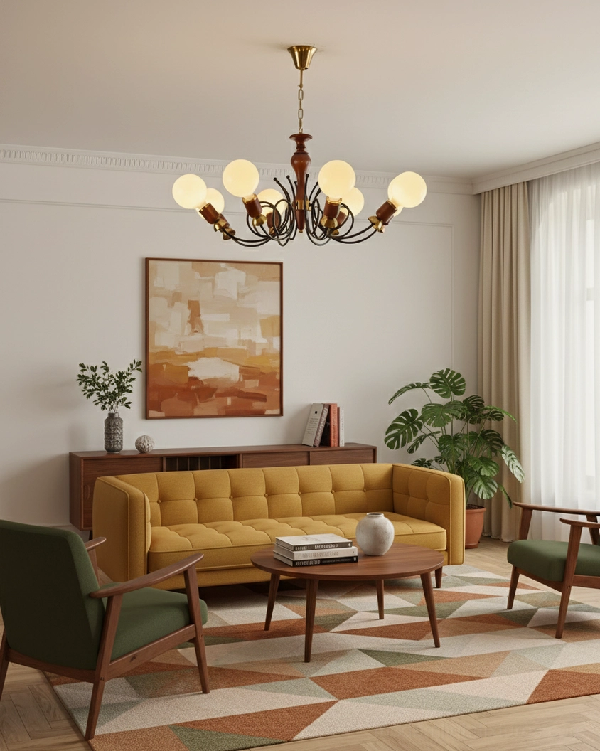Six-arm cluster chandelier in family sitting room with tufted sofa and neutral color palette