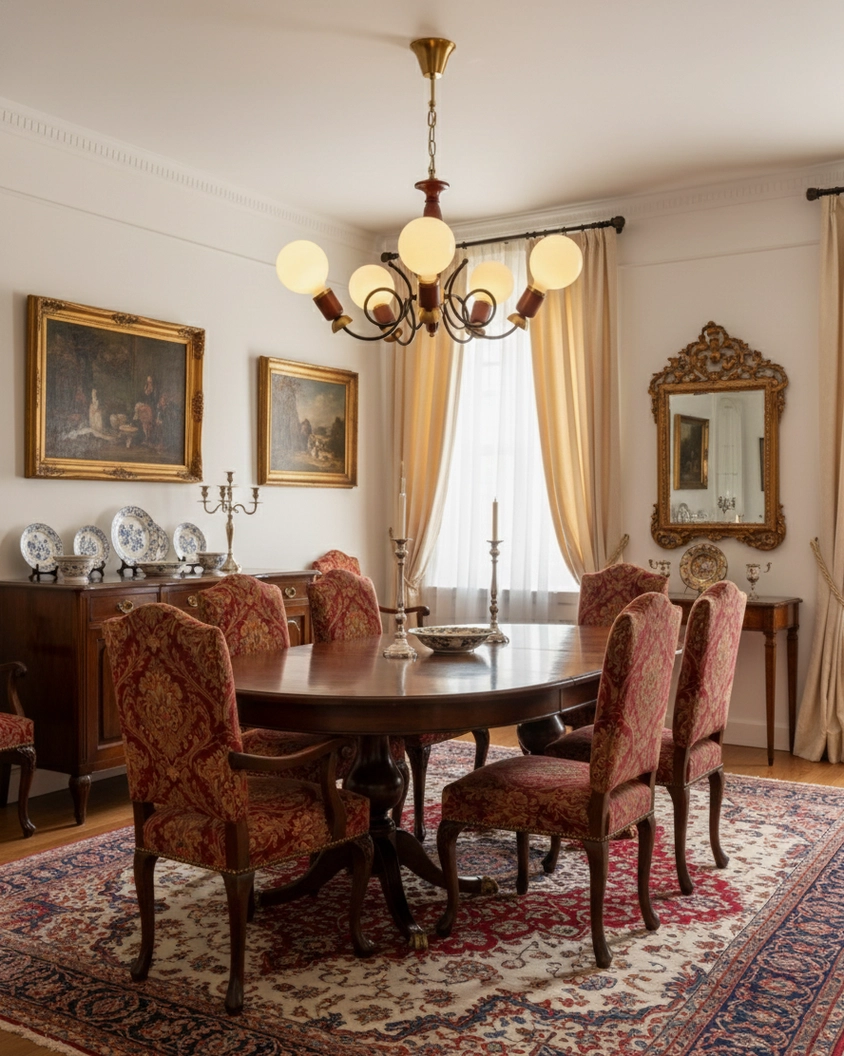Mid-century cluster chandelier above formal vintage dining table with red patterned chairs