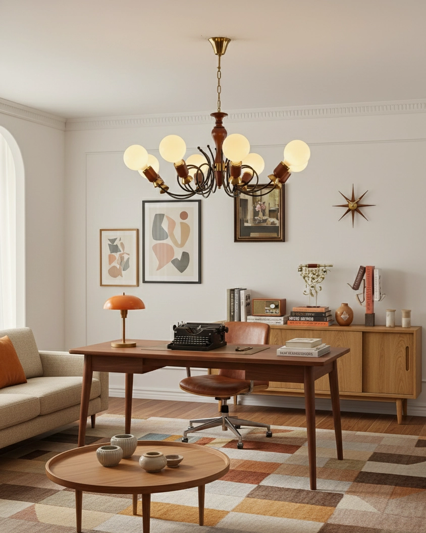 Modern cluster pendant showing geometric metal framework and sculptural wood finial