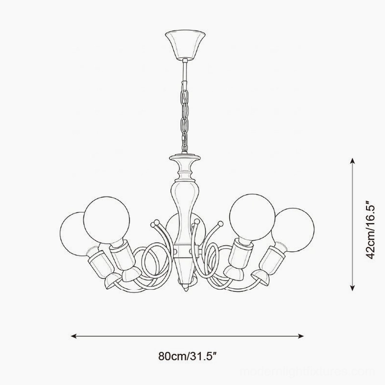 Technical line drawing of 5-head cluster chandelier, 80cm diameter specifications