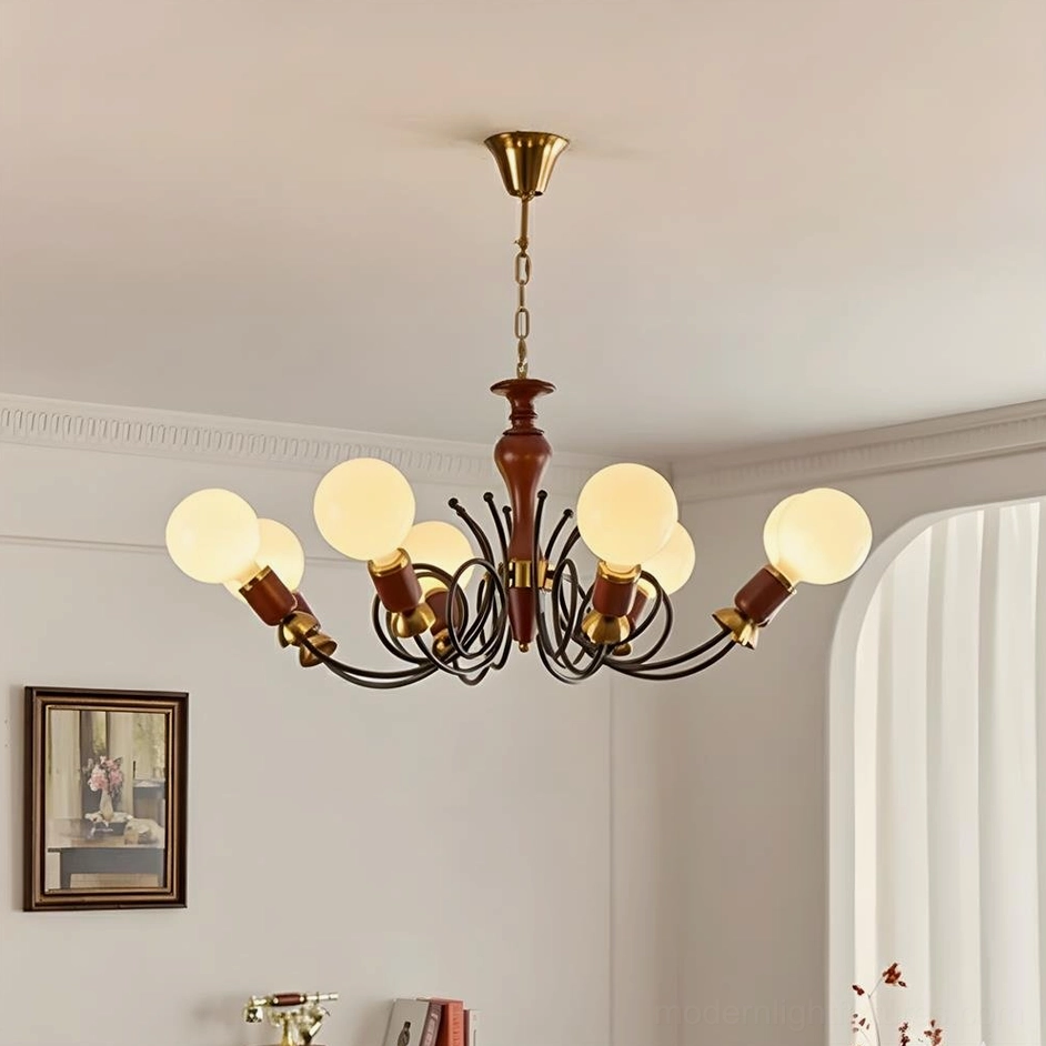 Eight-head cluster chandelier in walnut color finish, 100cm diameter full view