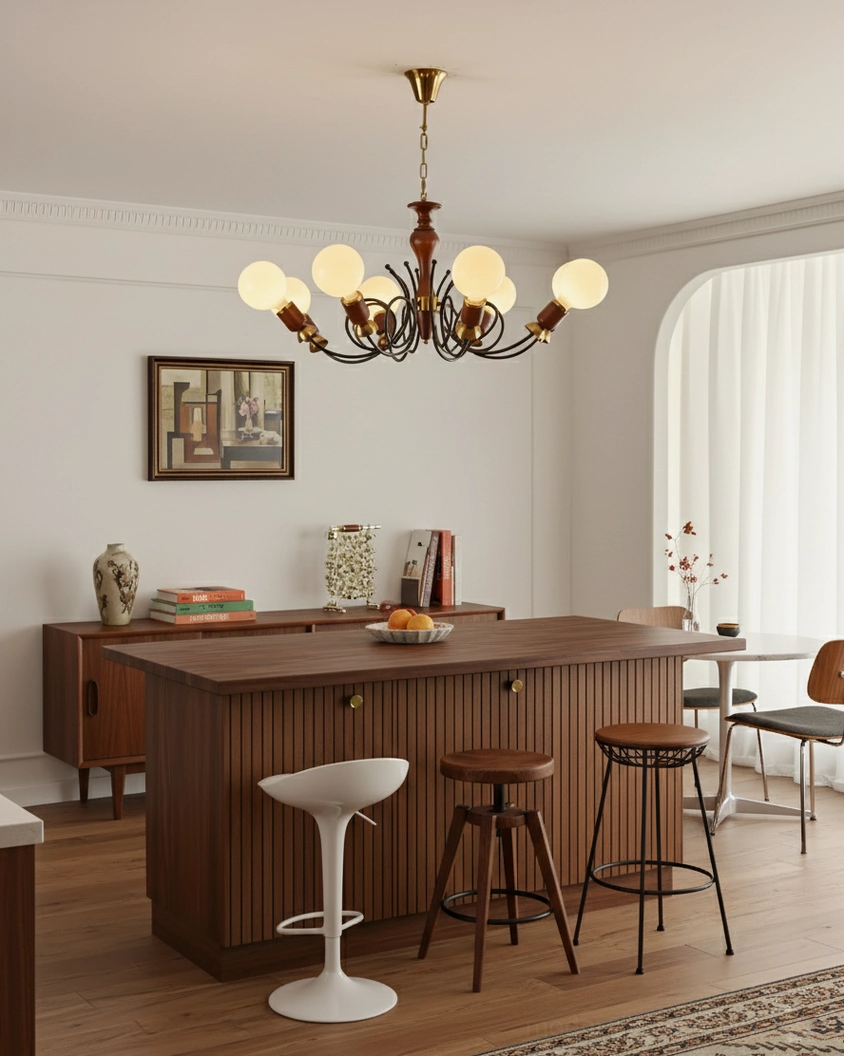 Mid-century cluster chandelier in walnut color finish with gold metal accents