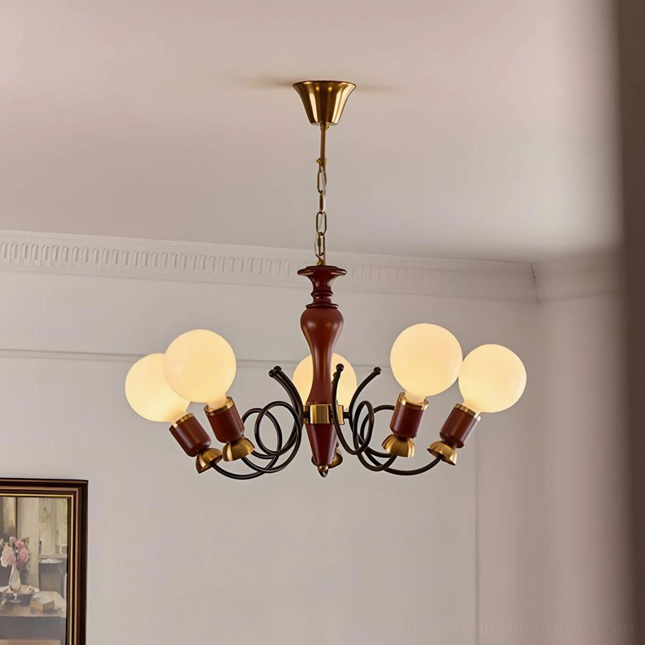 Cluster chandelier in walnut and white color option, 5-head configuration display