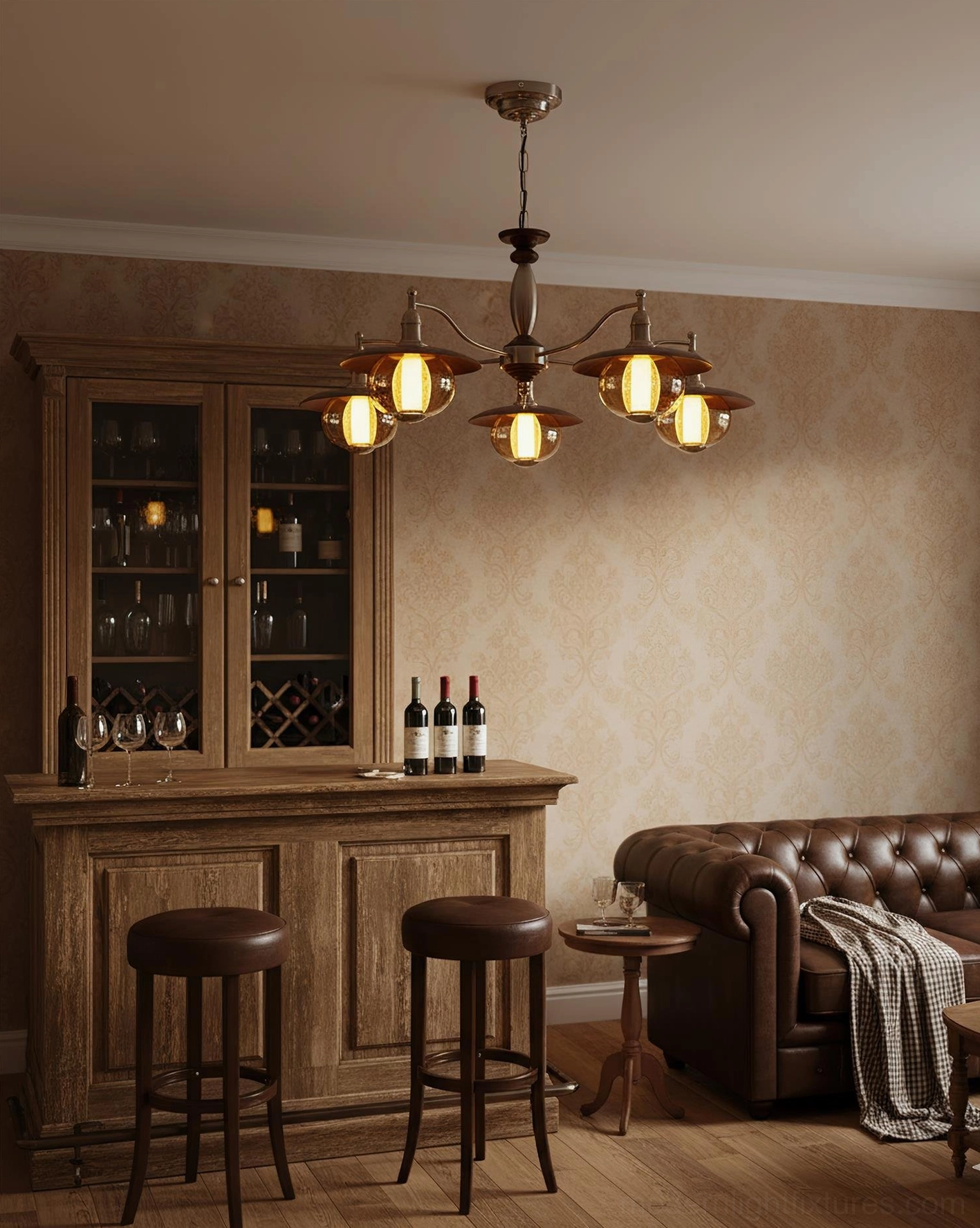 6-light rustic coachlight tavern chandelier in home bar lounge space - dark bronze finish with amber glass shades vintage pub style
