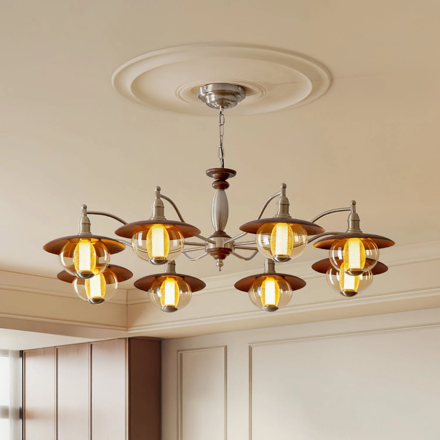 Coachlight globe chandelier installed on residential ceiling with decorative ceiling rose - low-angle upward view showing warm illuminated glass globes