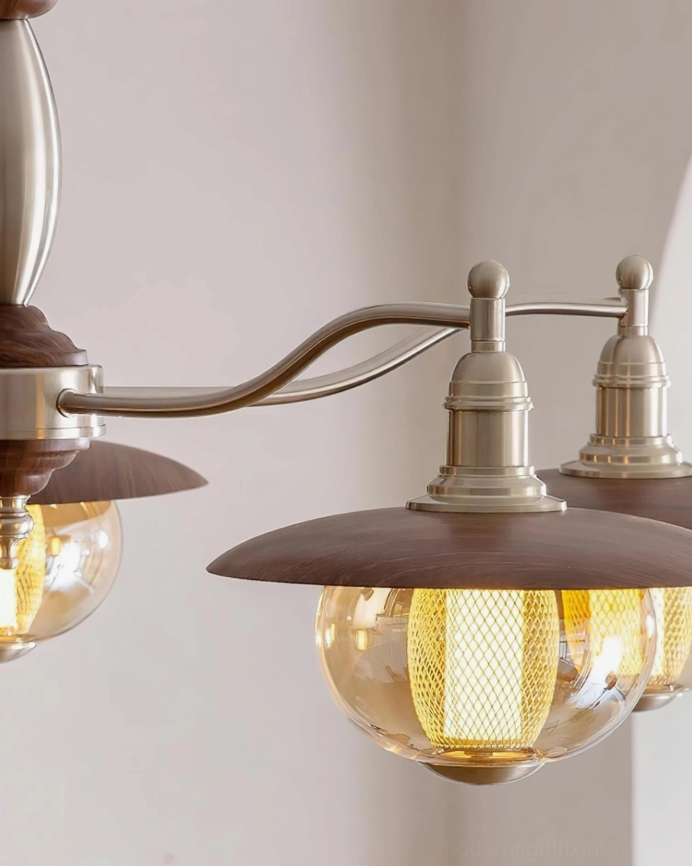 Coachlight globe chandelier full room installation showcase - rustic farmhouse pendant light in residential space