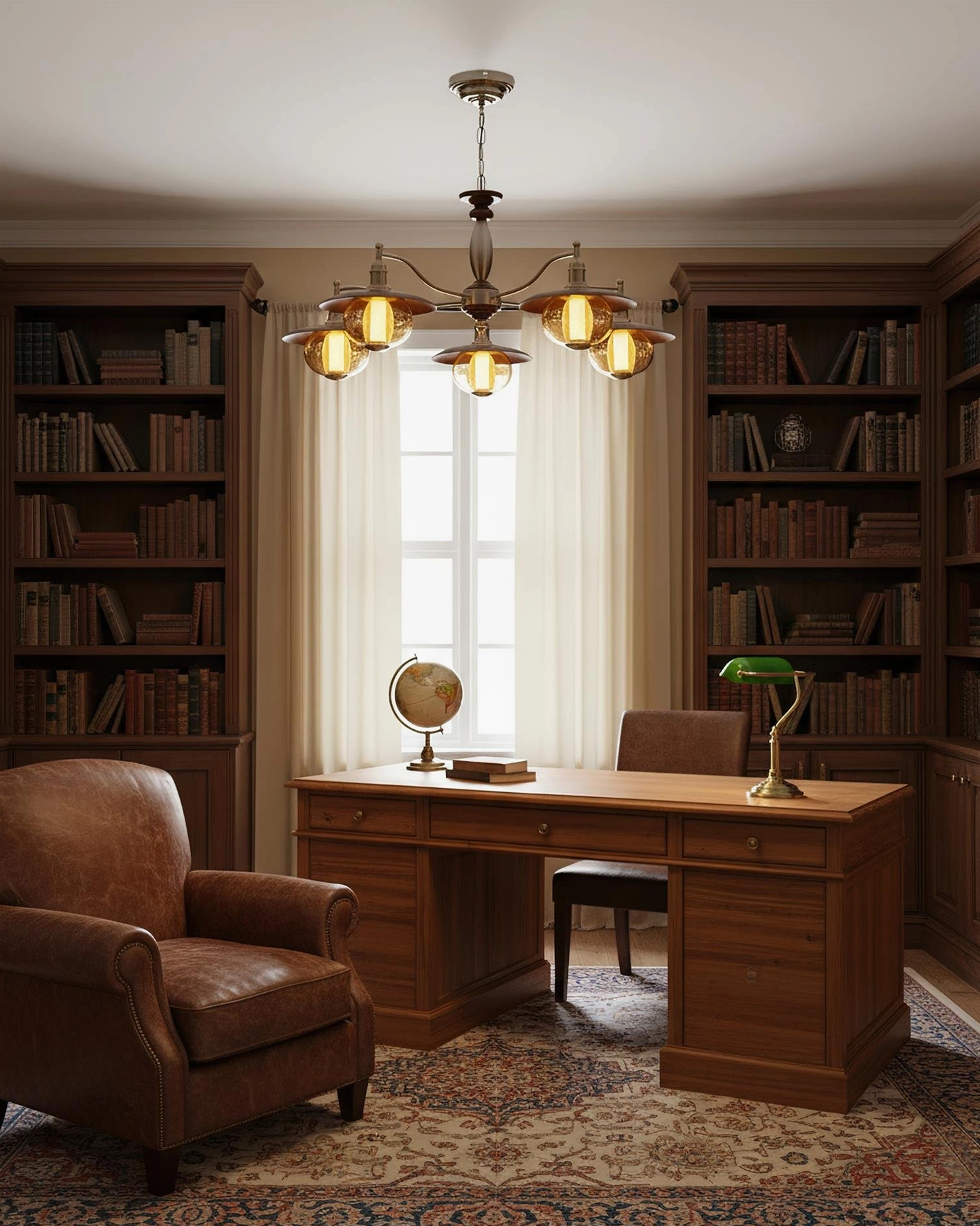 Vintage-style coachlight globe chandelier in home library study space - metal-wood hybrid frame eye-level room view