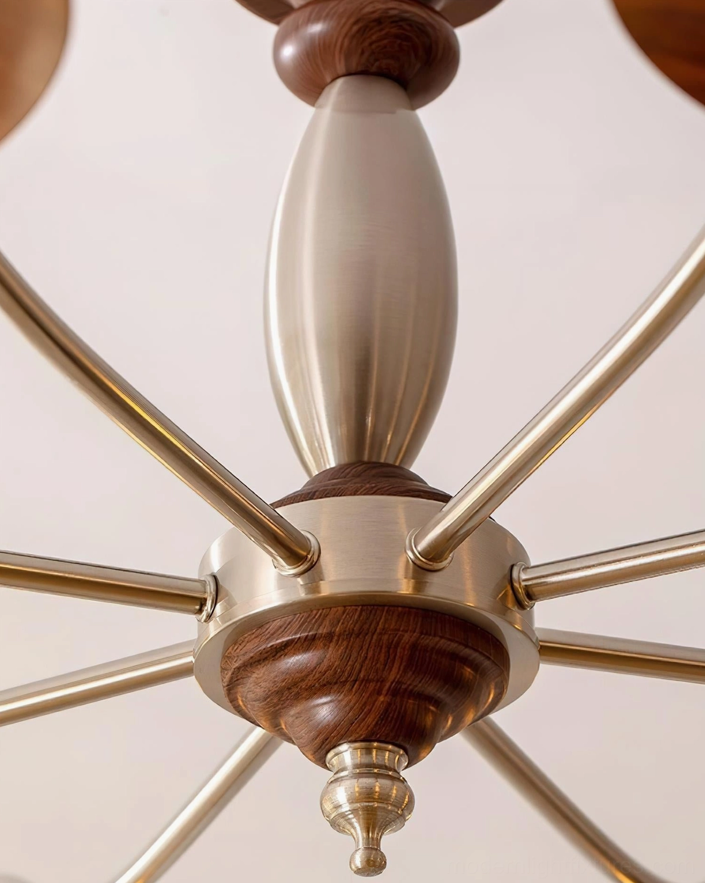 Coachlight globe chandelier wood-accented shade caps detail - authentic vintage-inspired design element