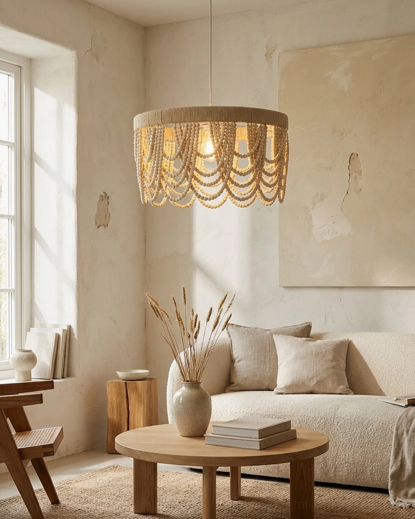 Woven drum pendant light with wooden beads suspended above round coffee table in coastal bohemian living lounge with linen sofa