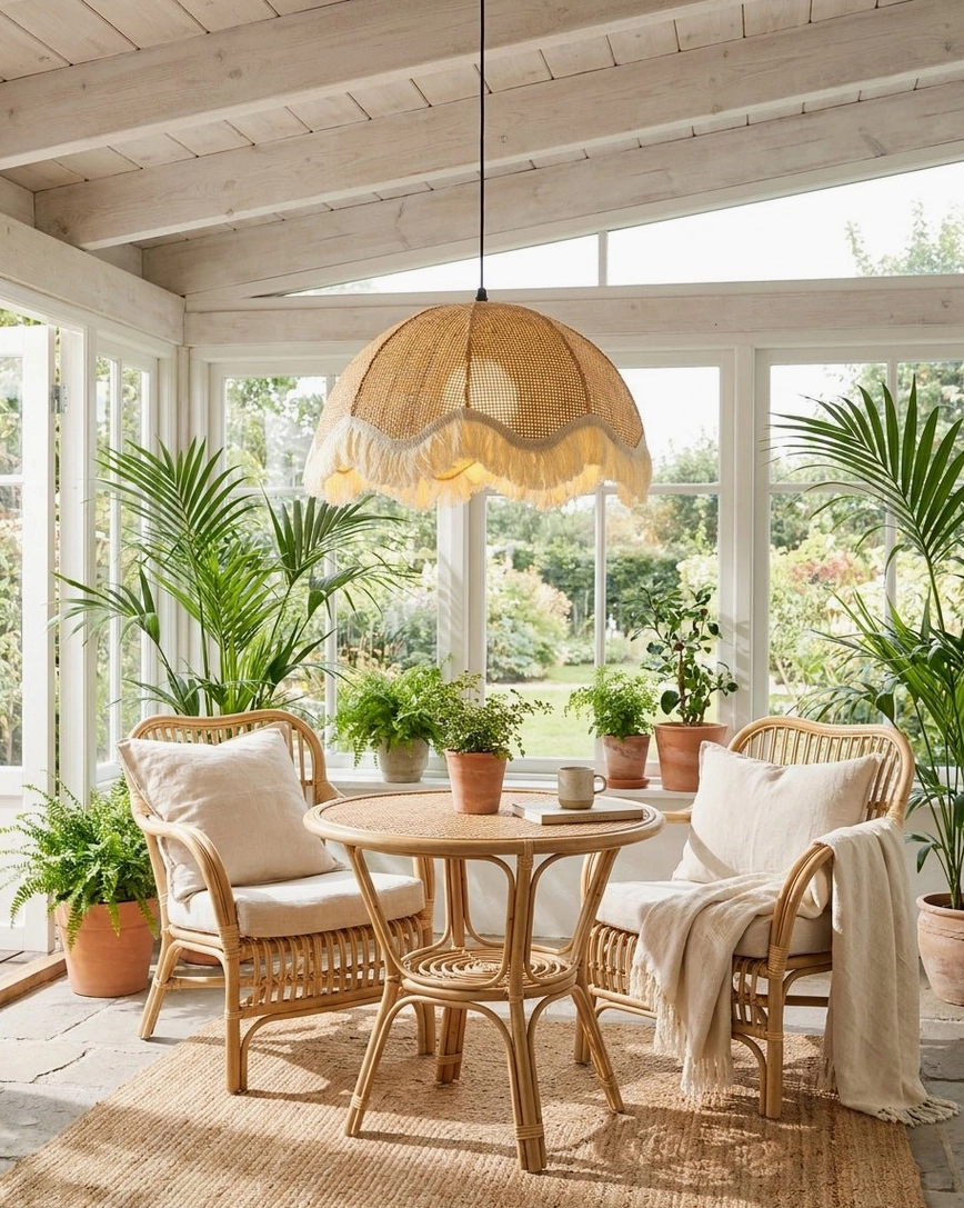Natural rattan fringe pendant lamp in sunlit coastal dining area, outdoor patio setting with boho decor