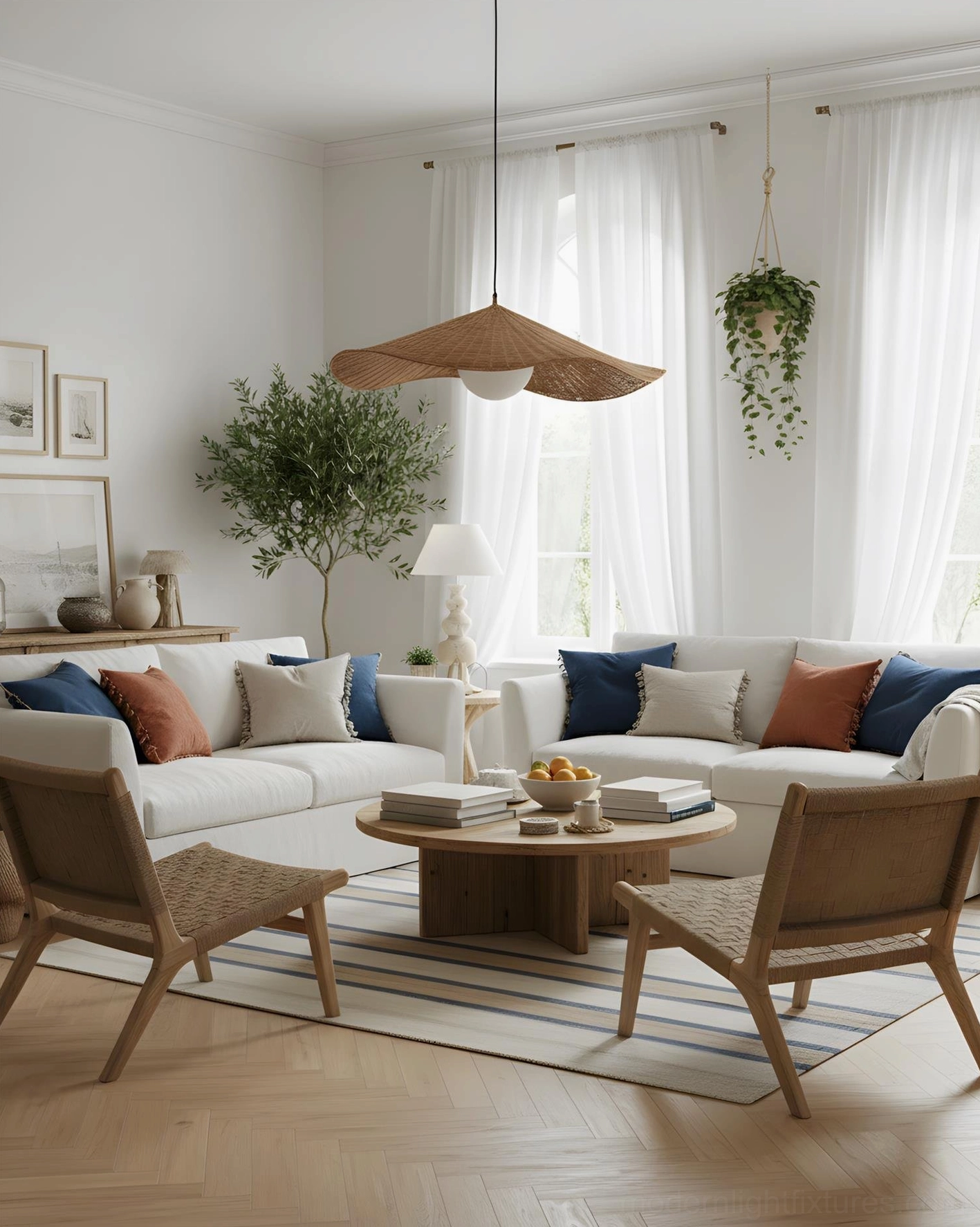 Woven rattan pendant ceiling lamp with white metal fixture in coastal bohemian bedroom aesthetic