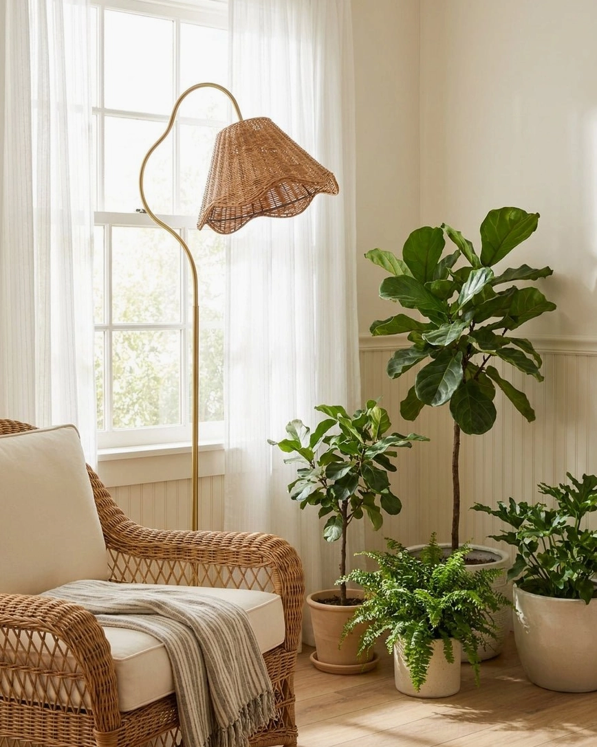 Natural rattan woven floor lamp with brass curve arm in sunlit boho sitting area with armchair and plants