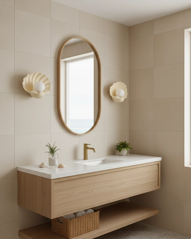 Coastal scallop shell wall sconce mounted indoors, warm ambient light in contemporary interior, modern lighting fixture