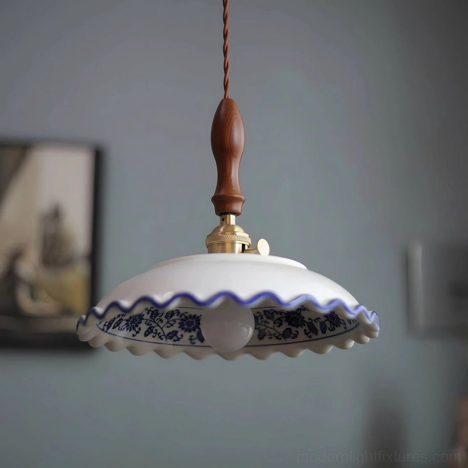 Cobalisse chinoiserie porcelain pendant light in 25cm diameter size, showing complete fixture with hand-painted blue underglaze patterns on white ceramic