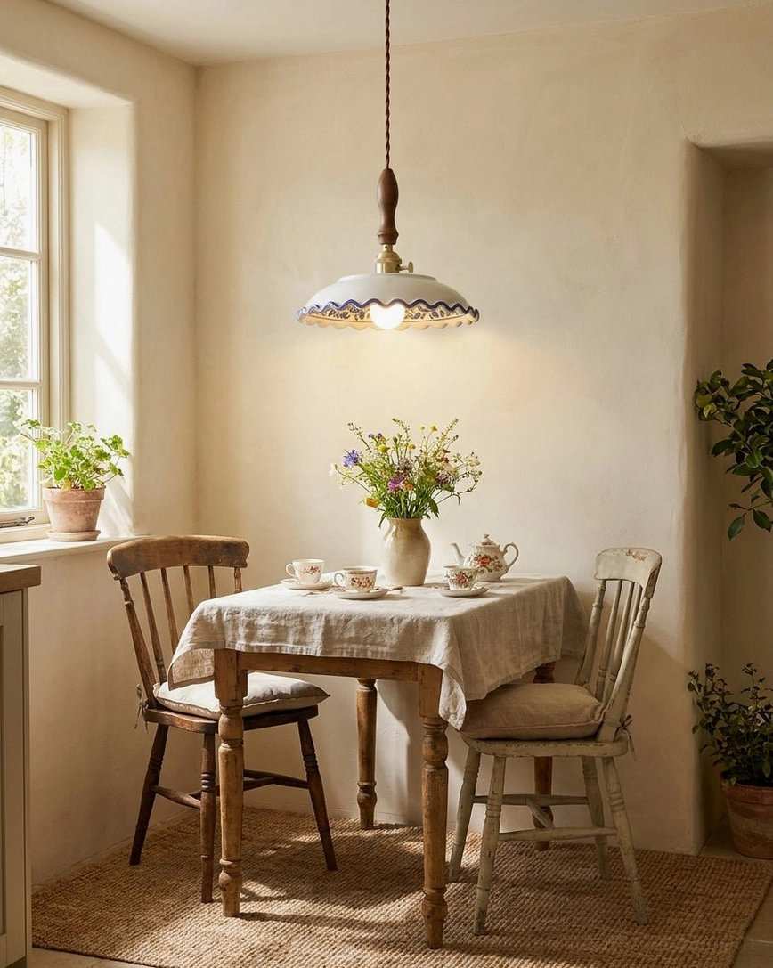 Cobalisse blue and white pendant light in warm rustic farmhouse dining room setting, paired with casual table decor and natural wood furnishings
