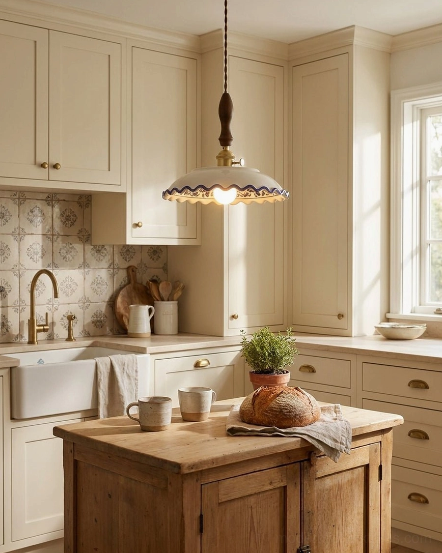 Cobalisse blue and white porcelain pendant light installed in farmhouse kitchen above wooden island, warm ambient lighting in rustic interior