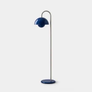 Cobalta arc floor lamp with navy dome shade and brushed metal pole, studio shot on white background