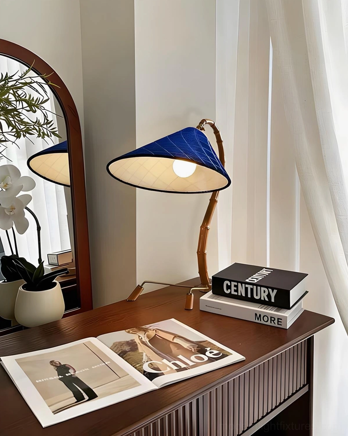 Cobalune desk lamp cobalt blue conical shade close-up with golden frame construction