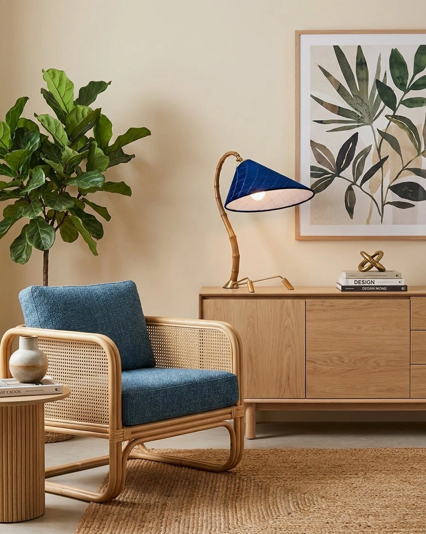 Cobalune modern table lamp casual seating area with rattan chair and tropical floor plant accent