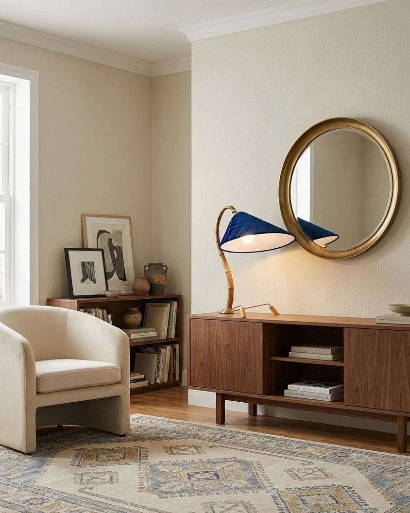Cobalune desk lamp side view in formal mid-century living room with gold mirror and dark wood storage