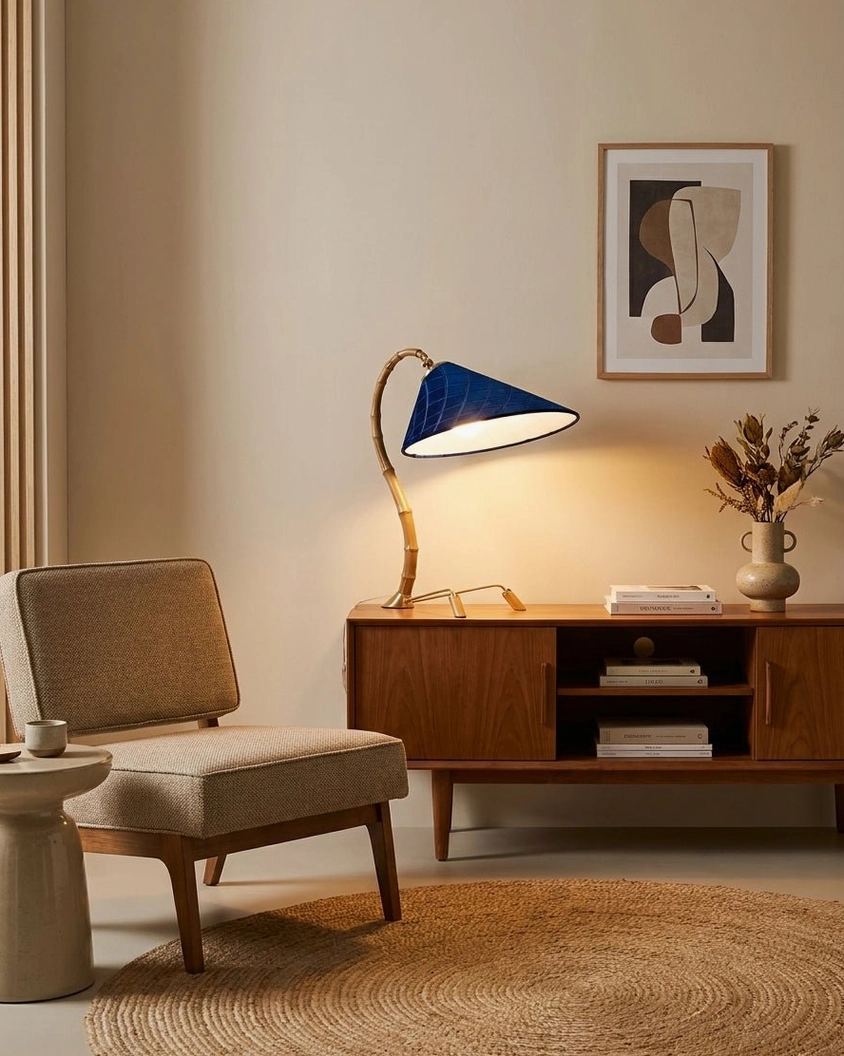 Cobalune modern desk lamp side view minimalist living corner with abstract wall art and wood cabinet