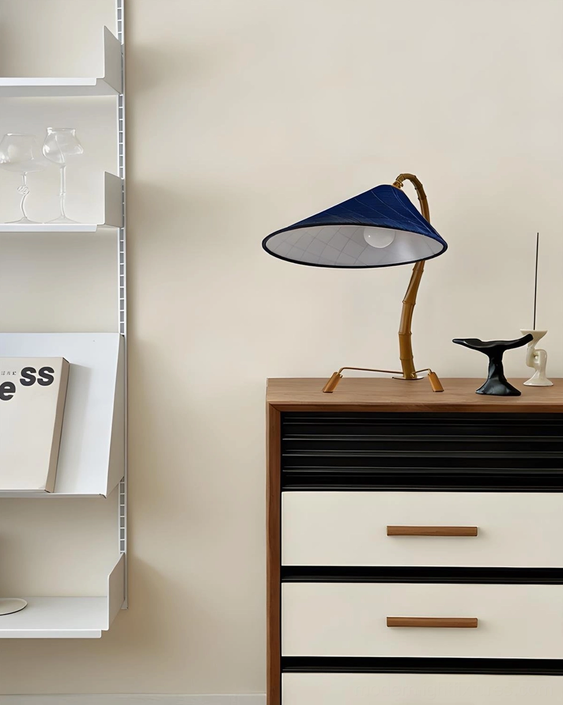 Cobalune bamboo-style desk lamp front side angle modern dresser display with black white furniture