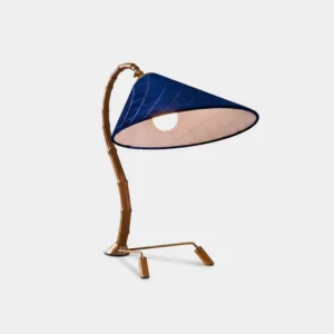 Cobalune modern table lamp front studio view with navy blue conical shade and golden metal frame against neutral background