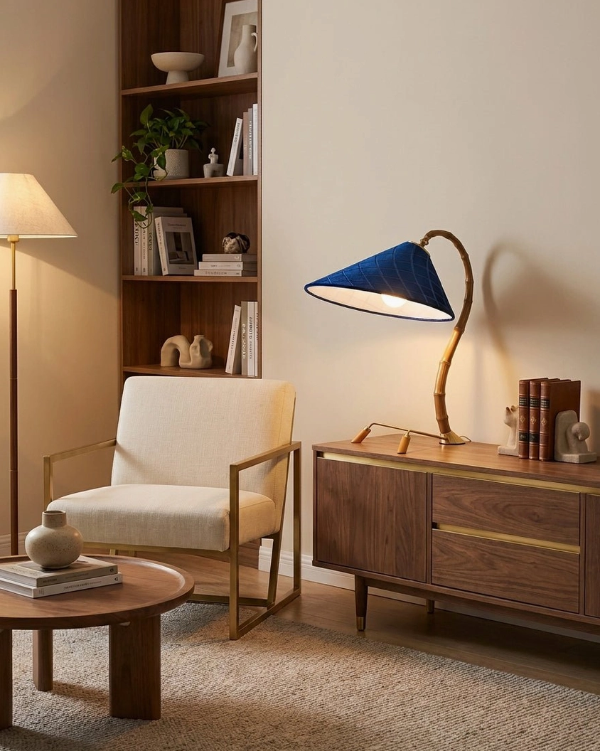 Cobalune bamboo-inspired lamp three-quarter view home study lounge with dark wood cabinet and armchair