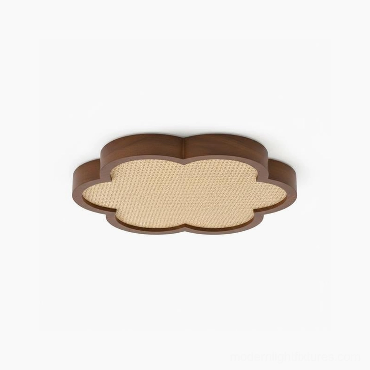 40cm quatrefoil rattan ceiling light in walnut color with natural woven diffuser warm white glow