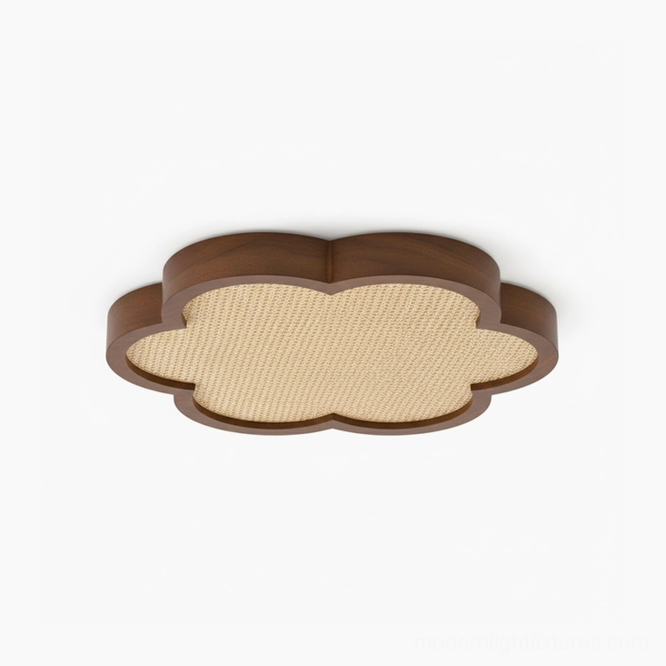 50cm diameter rattan ceiling fixture with walnut wood finish and hand-woven natural shade