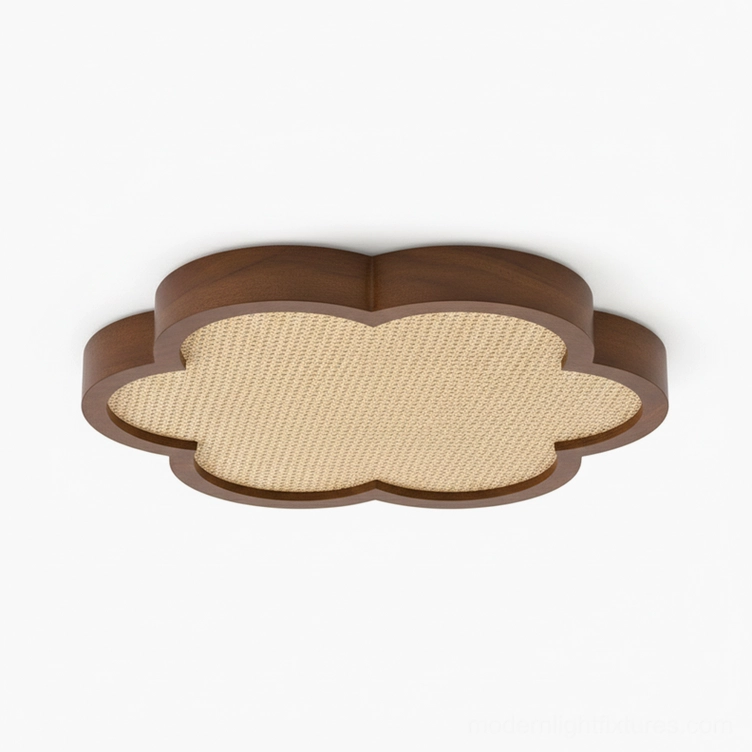 Large 60cm walnut rattan ceiling lamp with natural woven diffuser and integrated warm white LED
