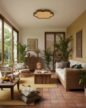 Warm white LED rattan flush mount ceiling fixture installed in tropical bohemian living room