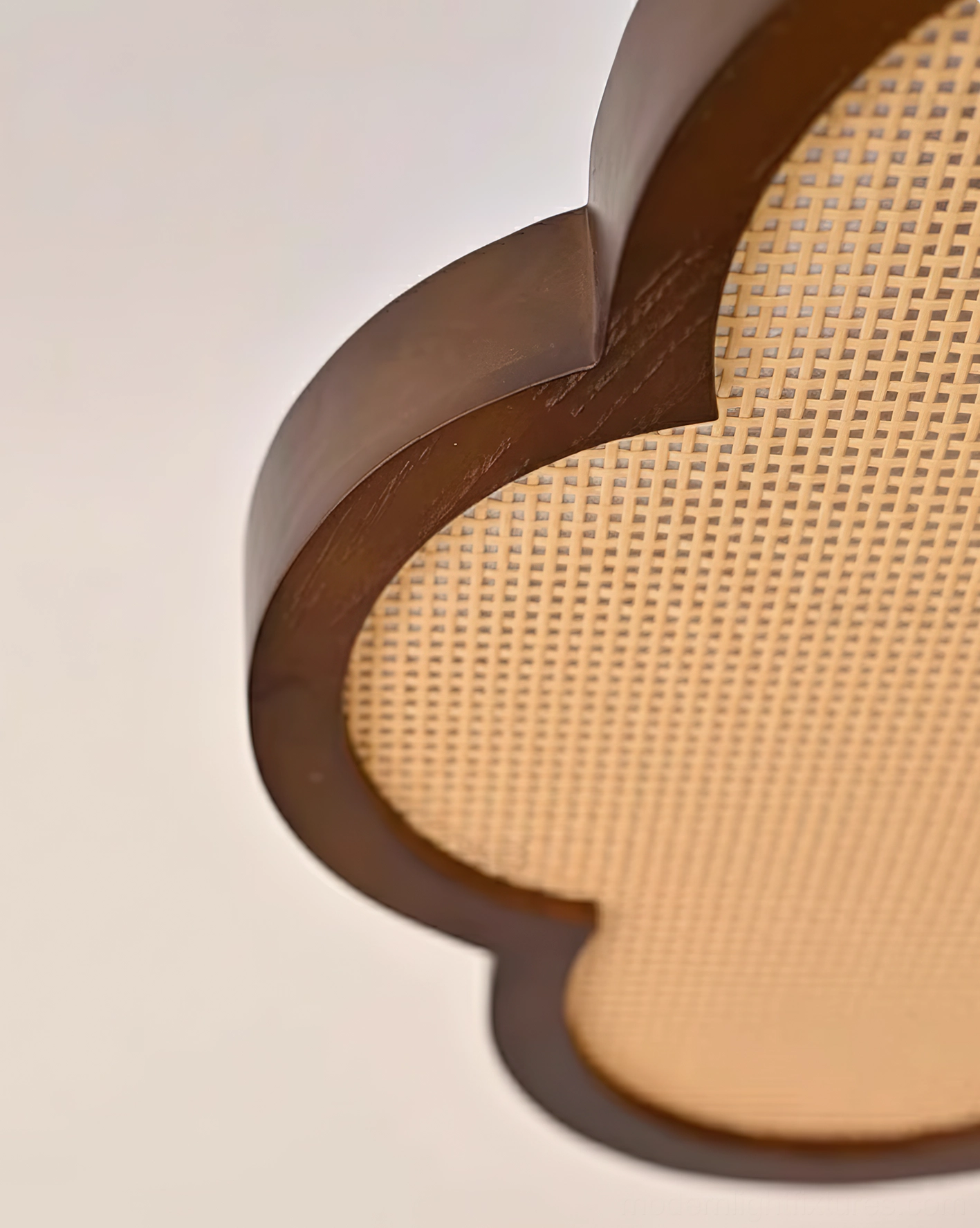 Cocoon quatrefoil rattan ceiling light fixture with walnut wood frame and natural woven shade detail
