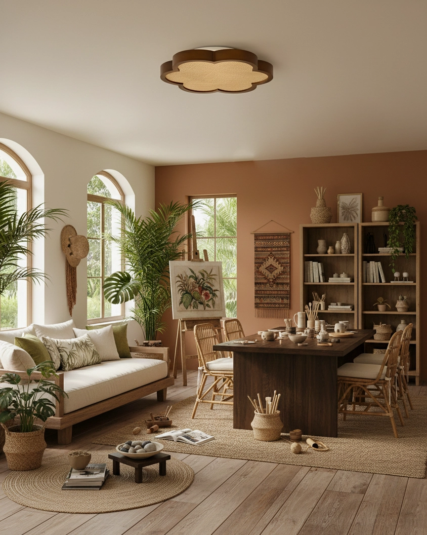 Modern bohemian rattan ceiling lamp creating warm ambient lighting in contemporary home interior