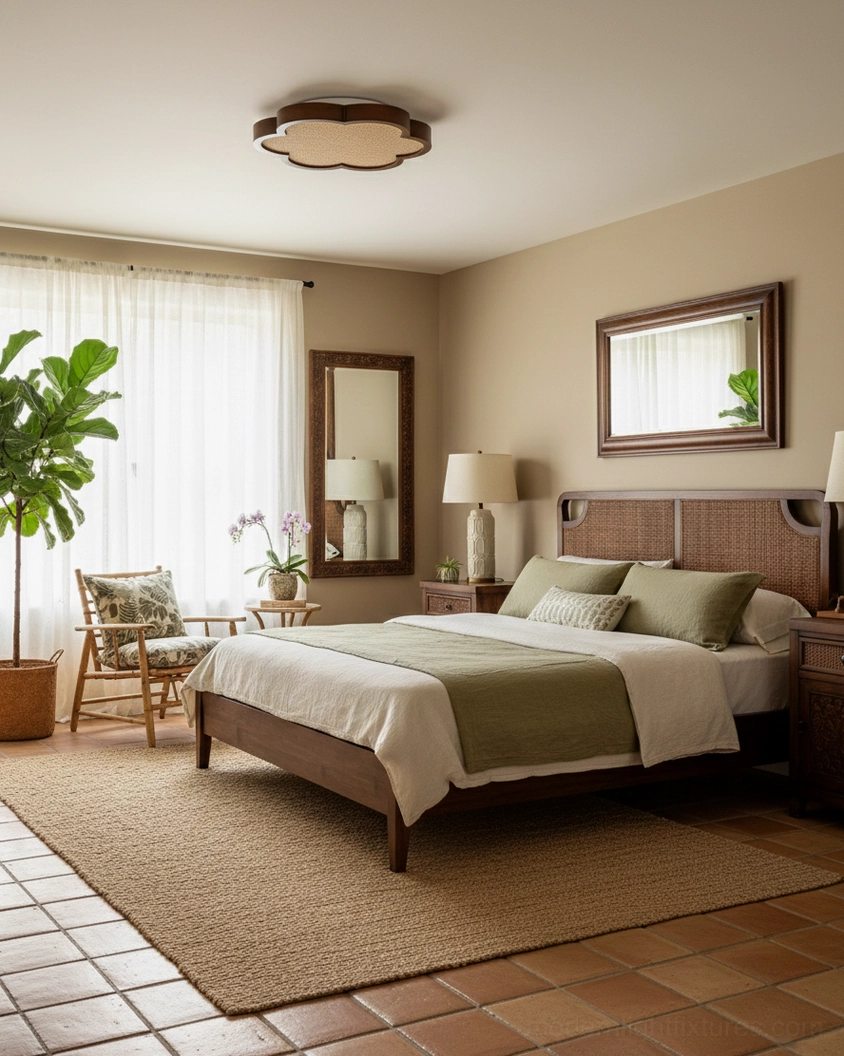 Flower-shaped quatrefoil rattan ceiling lamp in warm neutral master bedroom with cottagecore design