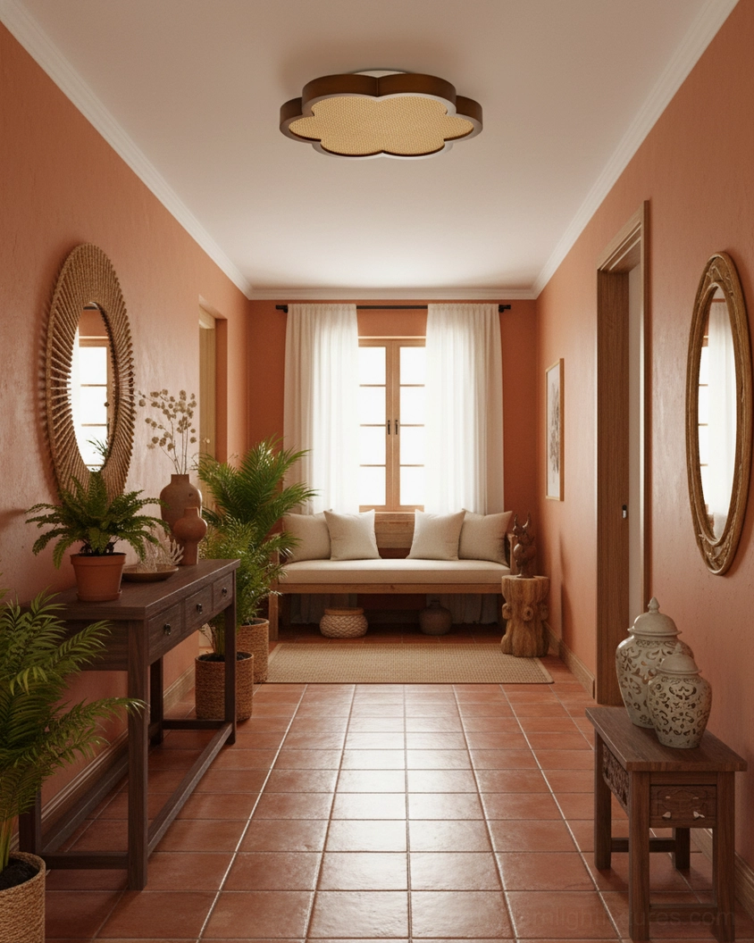 Organic wood and woven rattan ceiling fixture creating soft warm lighting ambiance in modern interior