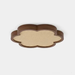 Cocoon rattan ceiling light with quatrefoil design, top-down view showing natural woven rattan diffuser and wood frame